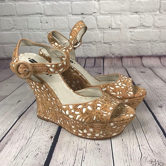 Alice + Olivia Shoes - Alice + Olivia Tan Cork Cut Out  Ankle Strap Wedge